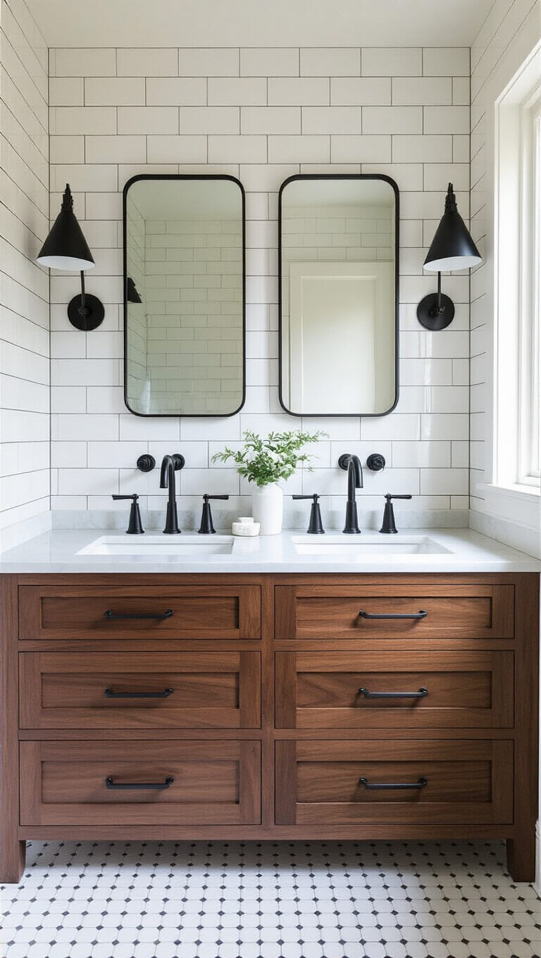 Airy 9x11ft bathroom with white subway tiles, walnut double vanity, honed marble top, matte black fixtures, and cone sconces in diffused midday light.
