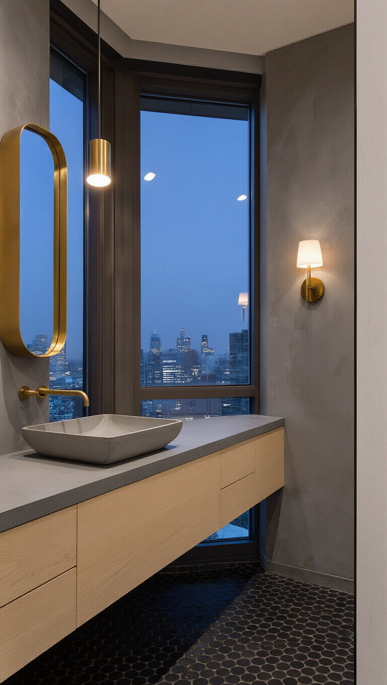 Modern twilight bathroom with city views, floating oak vanity, concrete sink, black penny tile floor, and warm brass accents.
