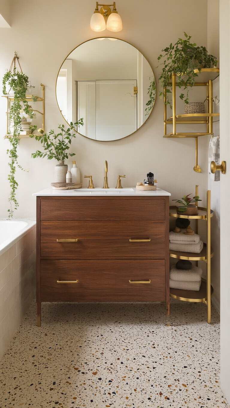 Compact 7x8ft bathroom with warm terrazzo floors, walnut vintage vanity, brass open shelves, round lit mirror, and morning light enhancing textures.