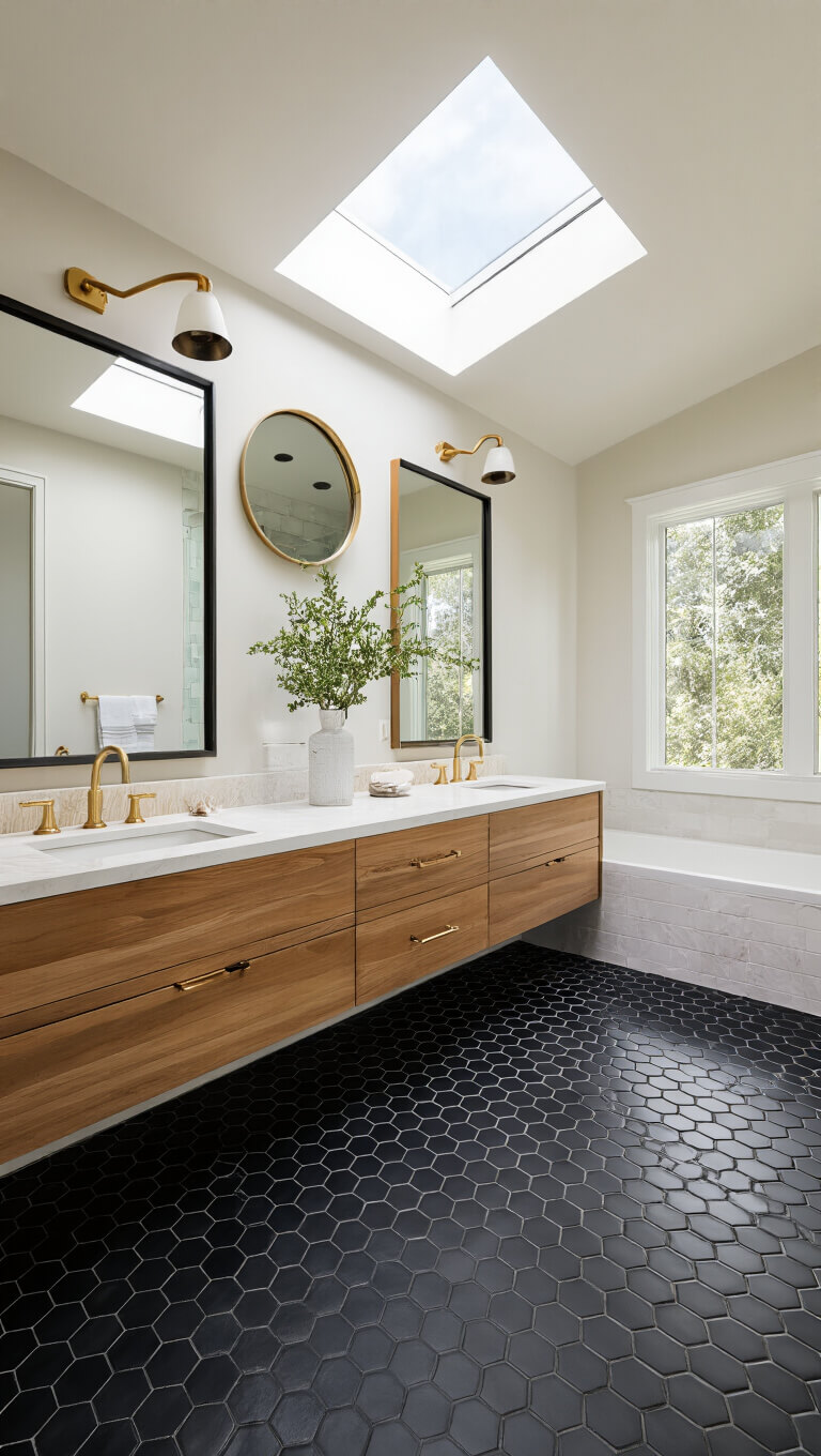 Modern 11x13ft master bathroom with black hexagon floor tiles, teak double vanity, gold hardware, and skylight lighting.