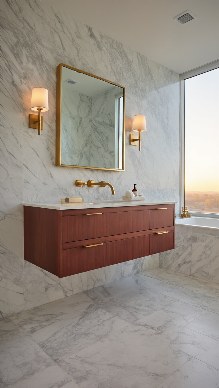 Elegant 9x10ft bathroom at sunrise with marble-look porcelain walls, rosewood floating vanity, brass mirror and fixtures, viewed from corner.