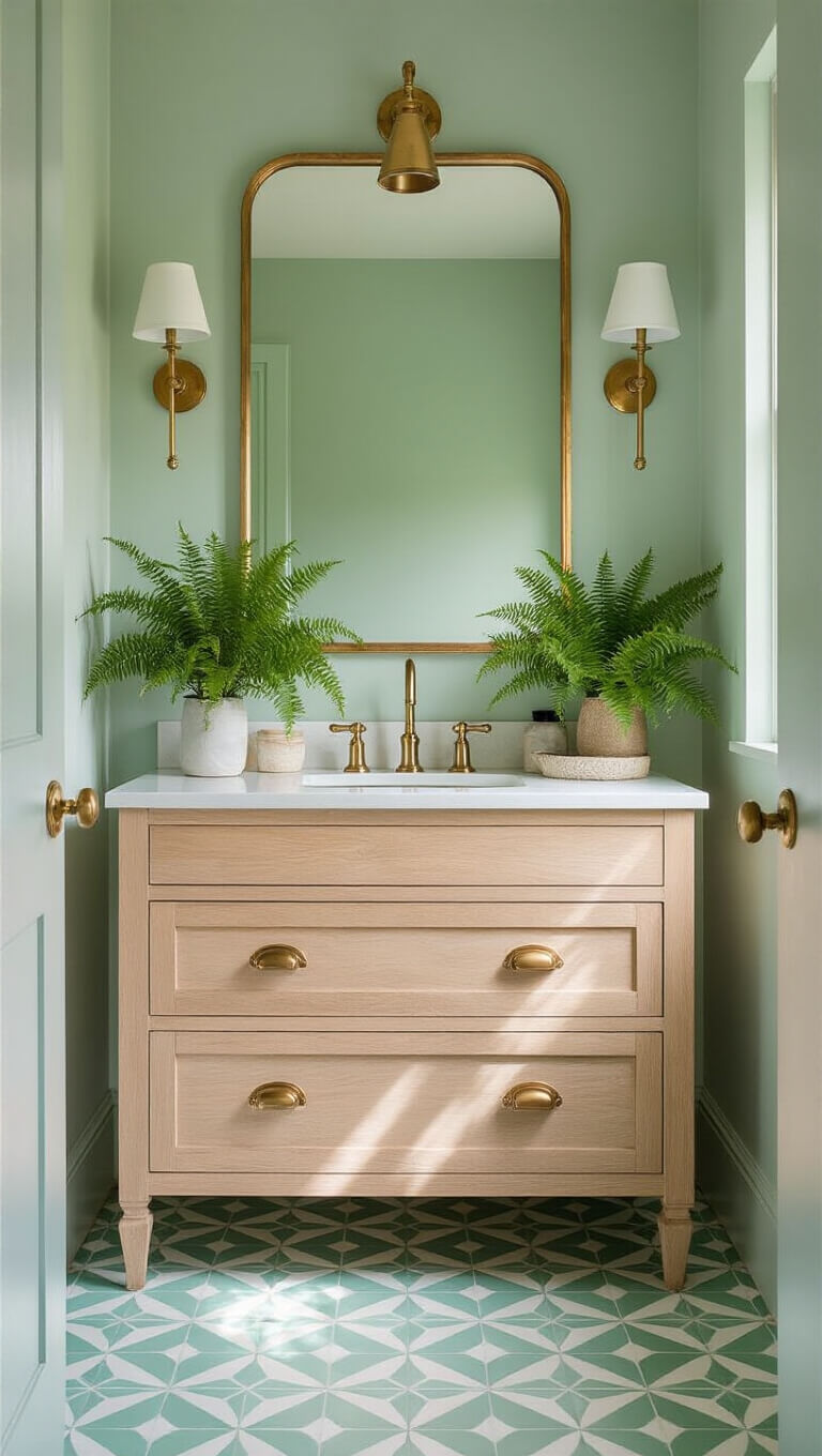 Charming 7x9ft bathroom with mint green geometric floor tiles, vintage bleached oak vanity, brass fixtures, and potted ferns in soft afternoon light.