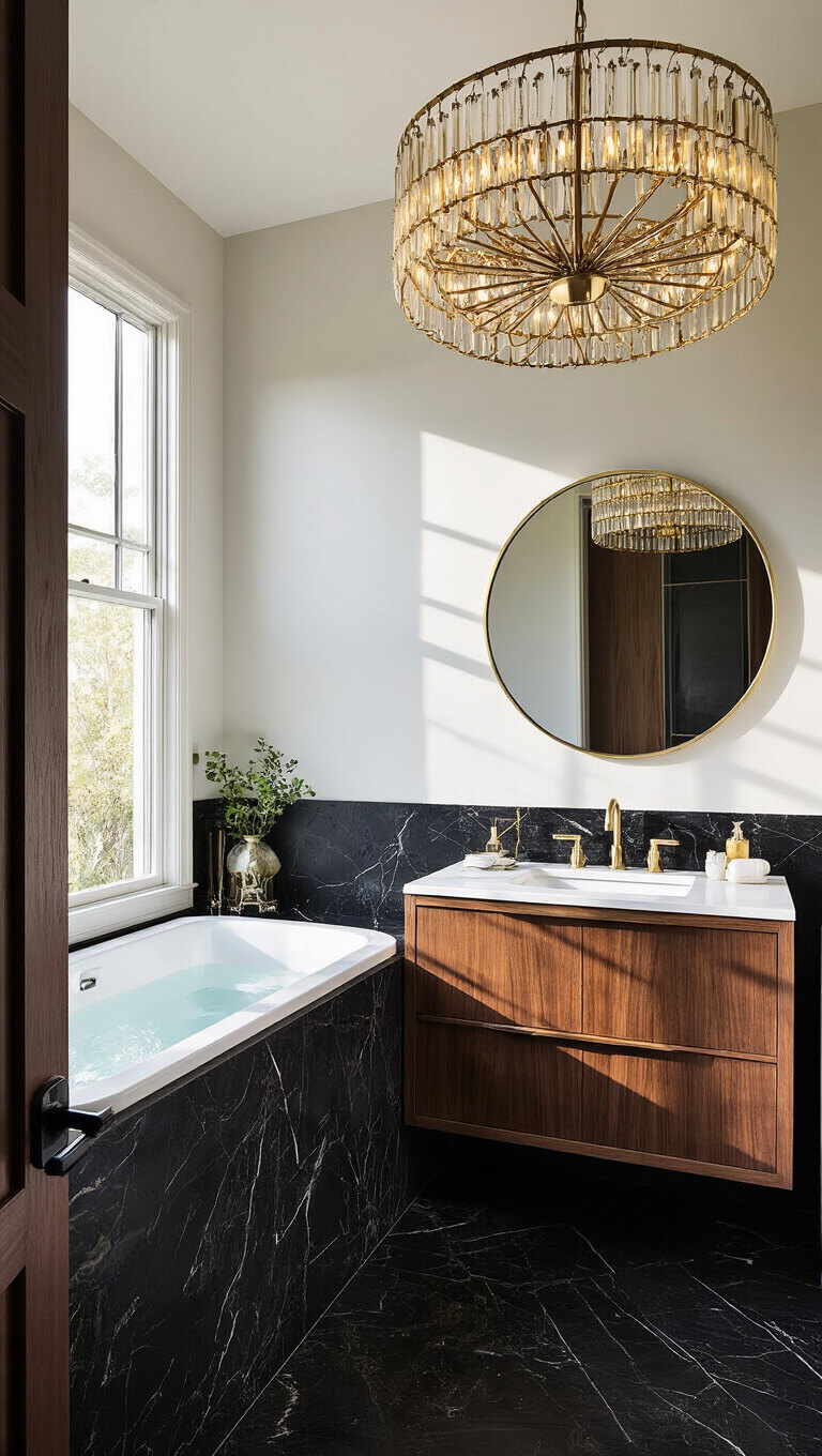Luxurious 10x12ft bathroom with black marble floors, custom walnut vanity, oversized round mirror, and dramatic chandelier lighting at magic hour.