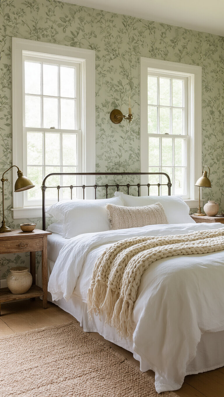 Cozy cottage bedroom with antique iron bed, sage green botanical wallpaper, and warm morning light streaming through white-trimmed windows.