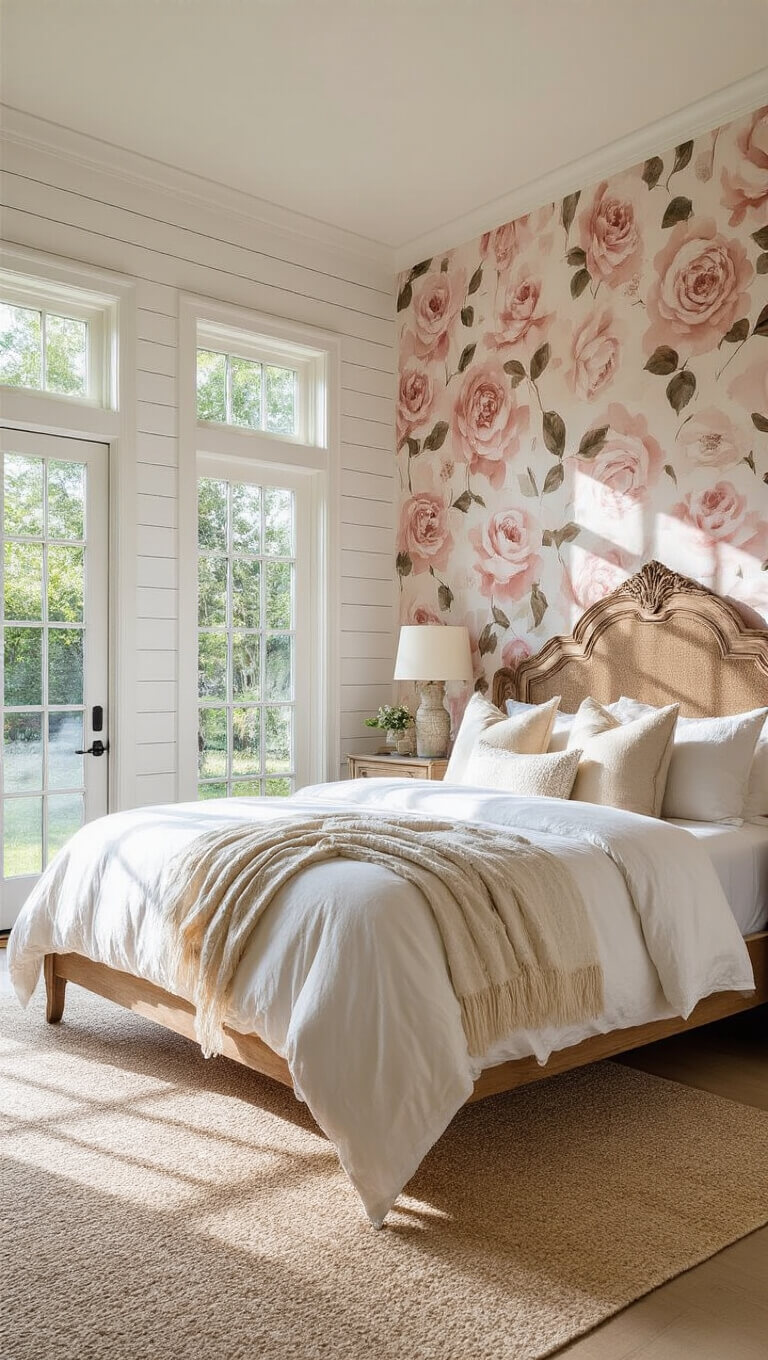Golden hour light fills a 15x18ft master bedroom with a rose-patterned accent wall, white shiplap, a king bed with cream linens, and French doors casting dappled garden light.