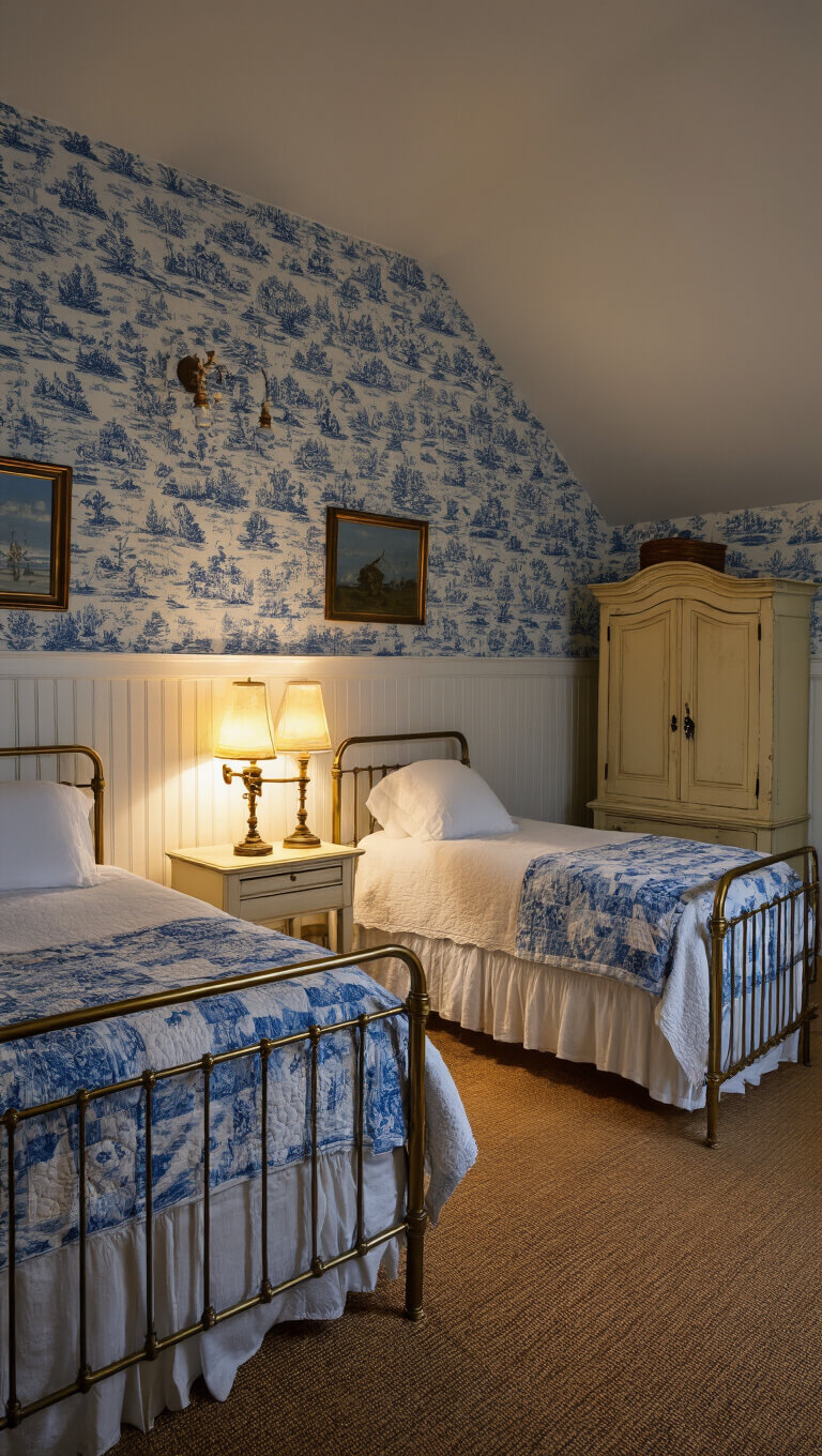 Cozy 10x12ft guest bedroom at dusk with vintage sconces, blue toile wallpaper, twin brass beds, cream armoire, and moody lighting.