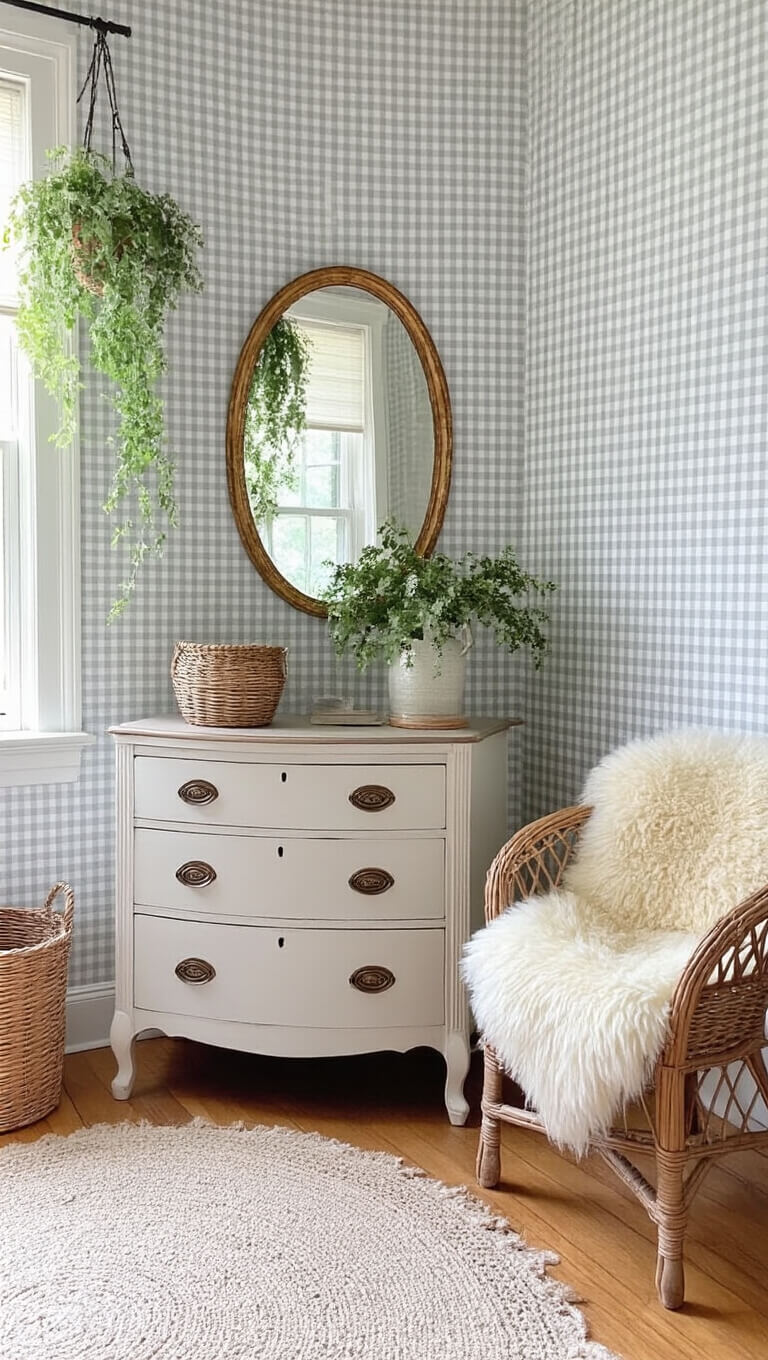 Cozy sunlit bedroom corner with grey and white gingham wallpaper, Victorian dresser with oval mirror, woven chair with sheepskin, and trailing plants.