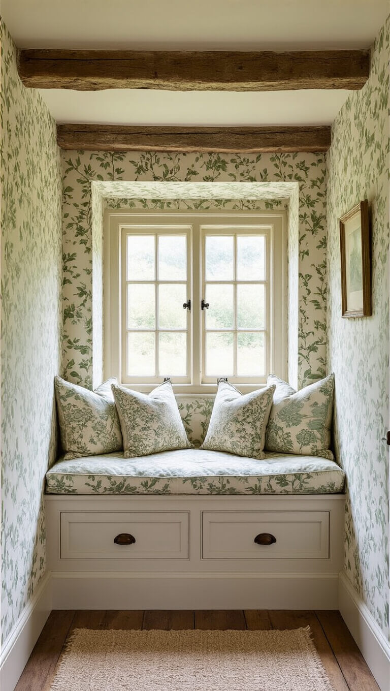 Cozy 11x13ft bedroom alcove with vintage botanical wallpaper, window seat with Liberty cushions, rustic wooden beams, and mid-morning light filtering through dust motes.
