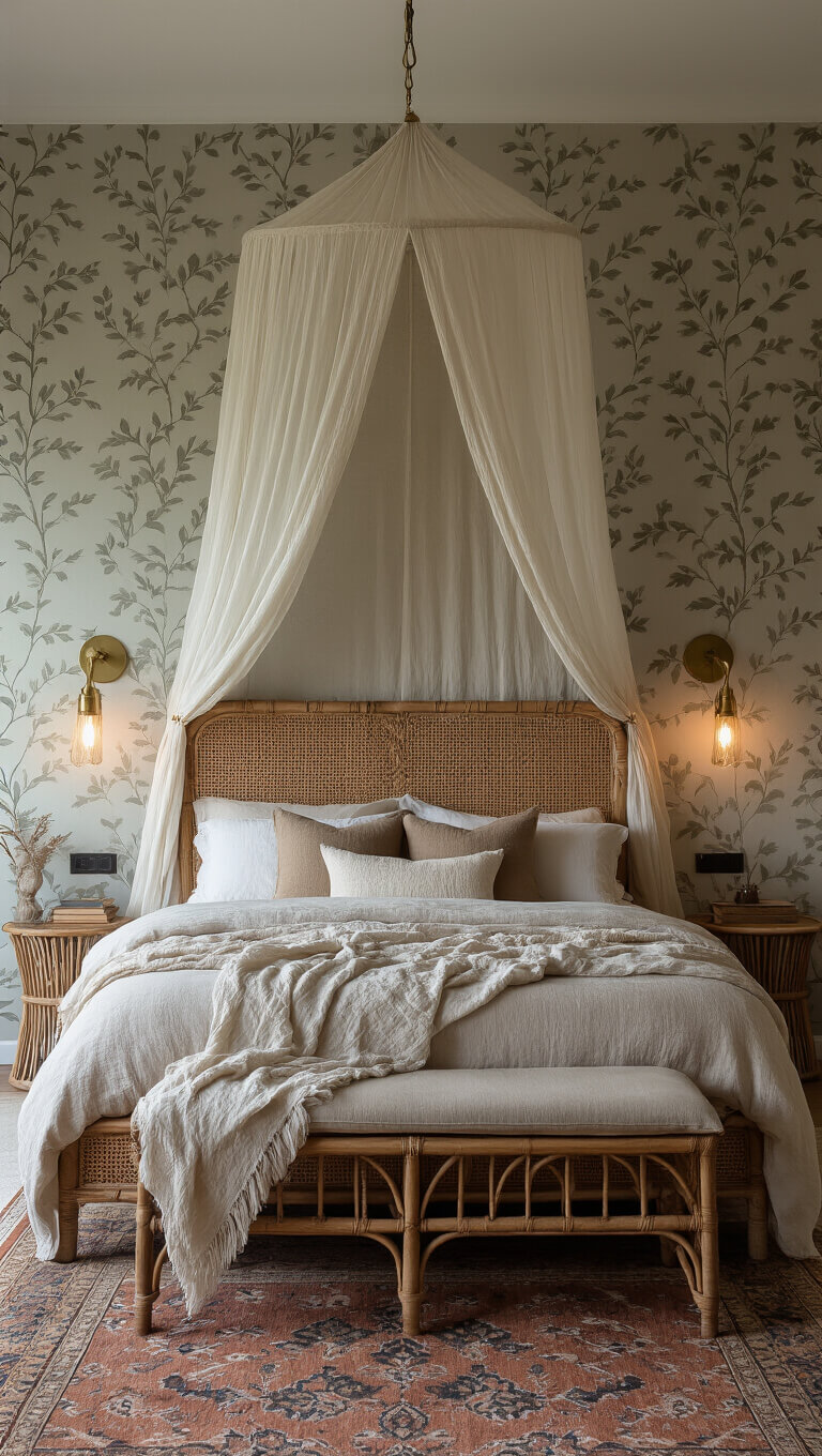 Serene twilight bedroom with rattan canopy bed, earthy leafy wallpaper, vintage Persian rug, and ambient brass lighting.