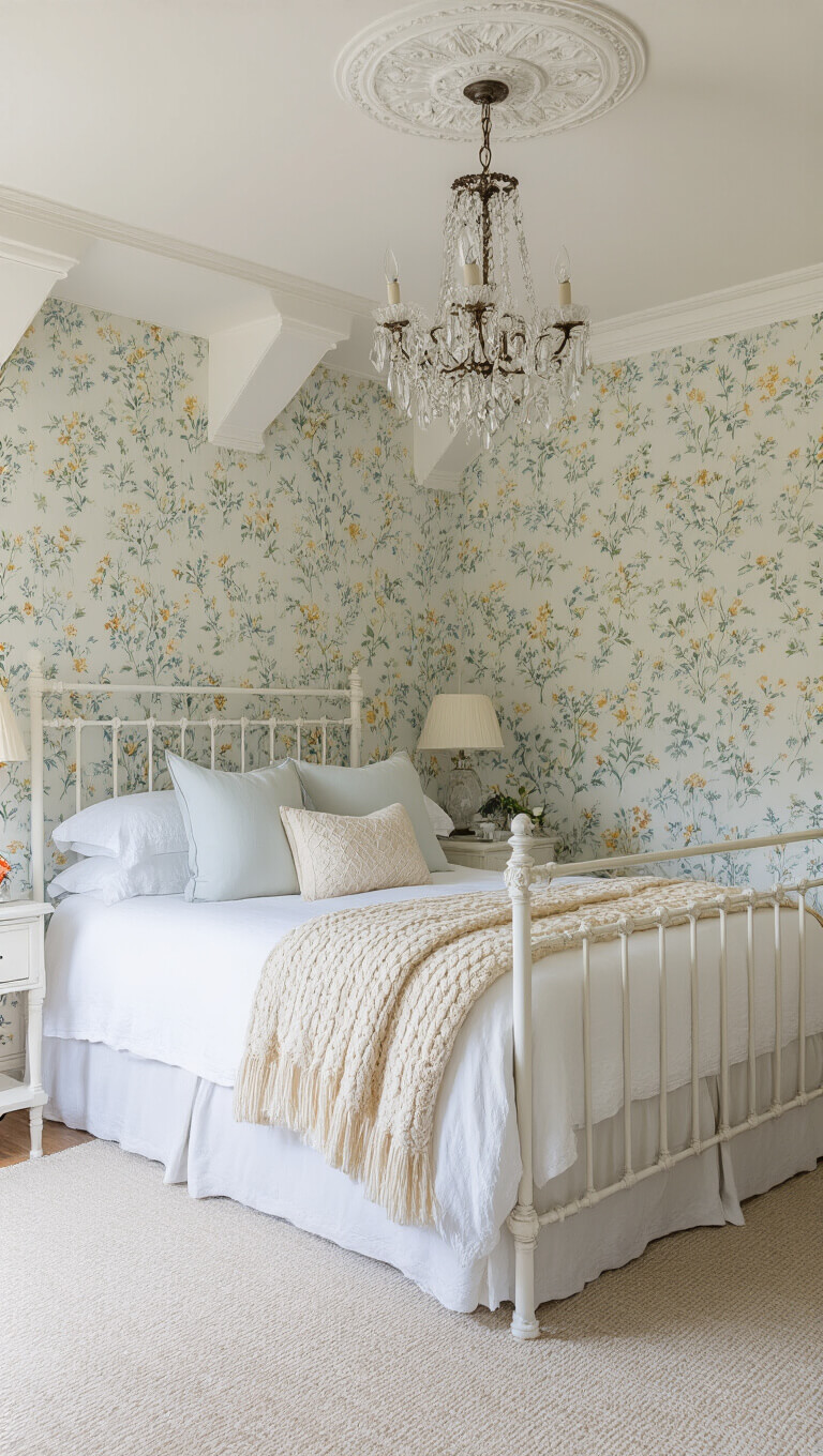 Tranquil 12x14ft bedroom with wildflower wallpaper, white iron bed, vintage French linens, crystal chandelier, and soft morning light.
