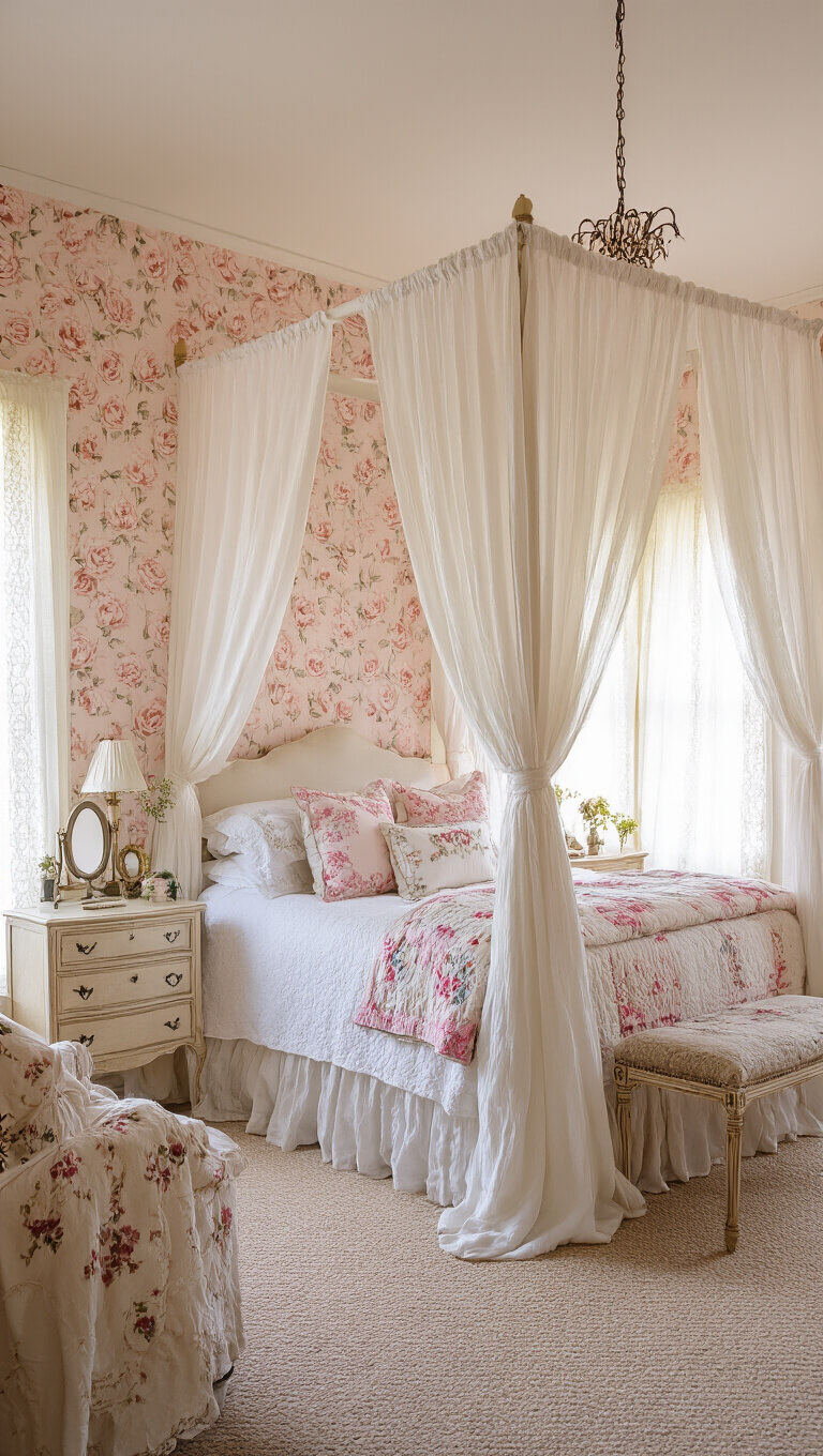 Romantic blush pink bedroom with rose wallpaper, four-poster bed with white curtains, vintage quilts, antique dressing table, and golden light through lace curtains.