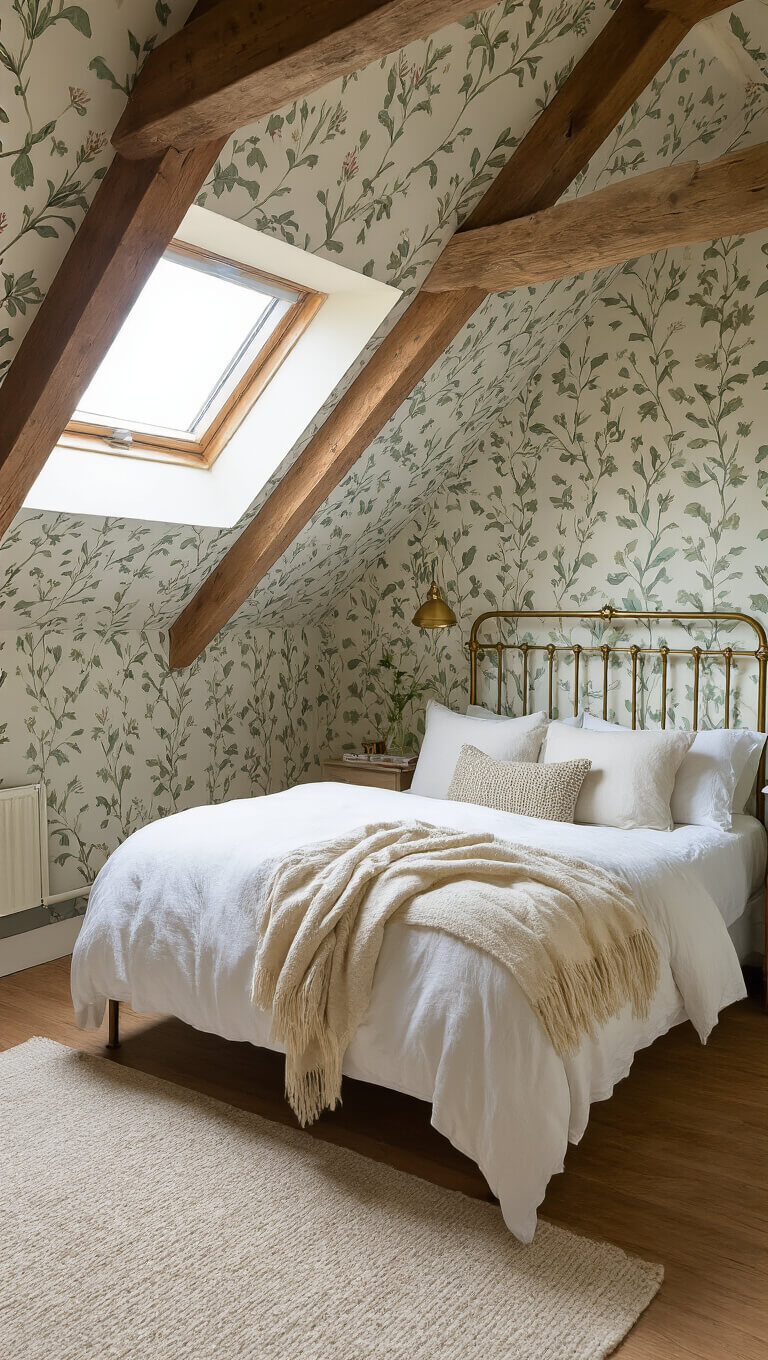 Cozy attic bedroom with sloped ceilings, botanical wallpaper, cast iron bed, exposed beams, and dormer windows.