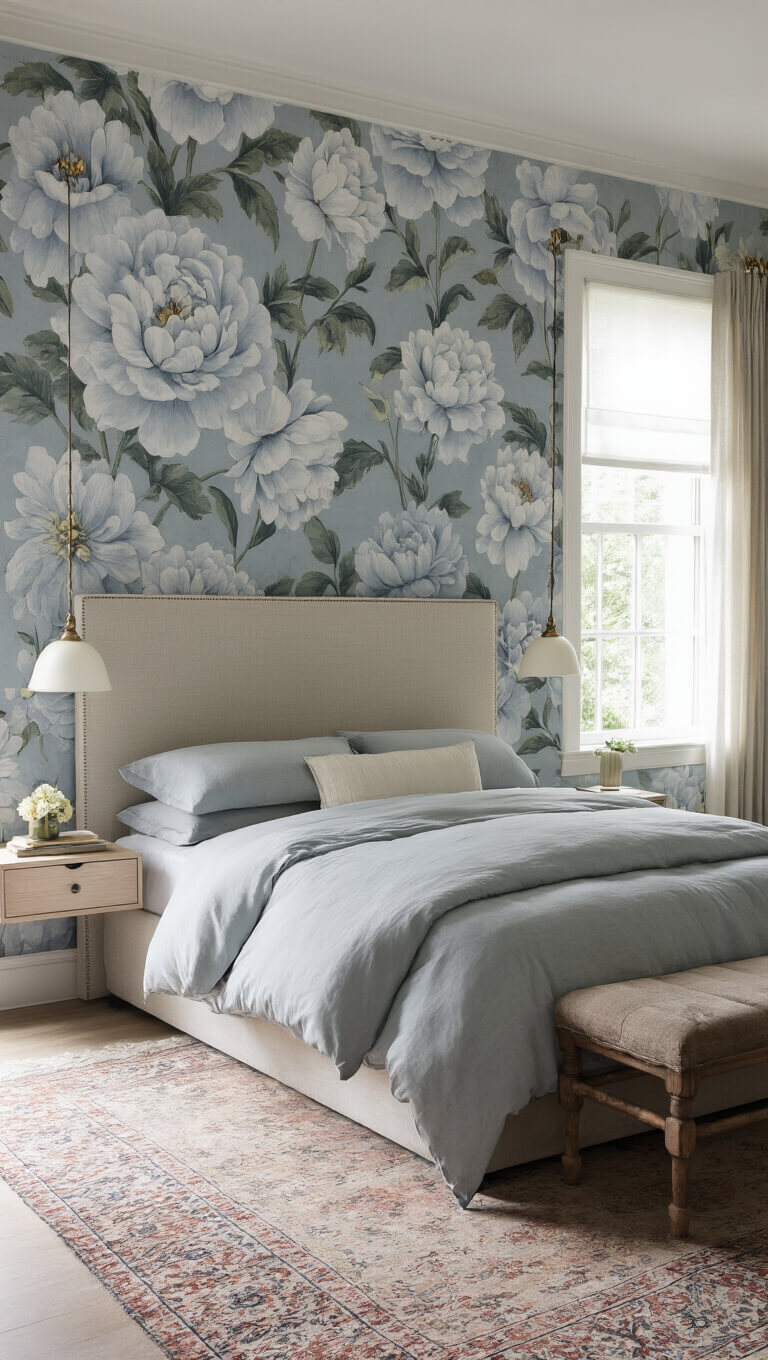 Serene 13x16ft bedroom with oversized grey-blue peony wallpaper, Belgian linen headboard, floating nightstands, vintage Turkish rug, and soft morning light through sheer curtains.