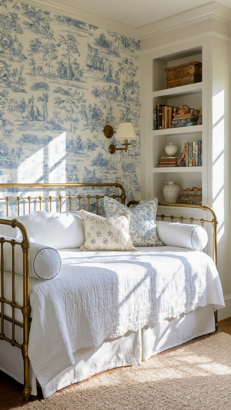 Cozy 10x12ft guest room with dusty blue and cream toile wallpaper, brass daybed with white linens and vintage quilts, built-in bookshelf with curated items, and warm afternoon light casting textured shadows.