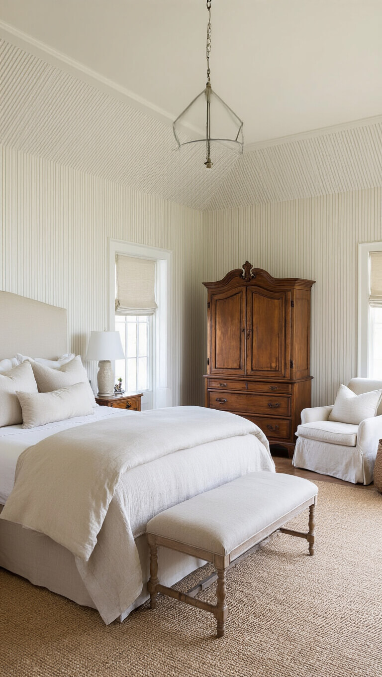 Wide-angle view of airy 14x16ft primary bedroom with king bed, warm white striped wallpaper, antique armoire, and morning sunlight streaming in.