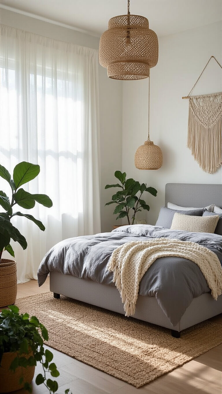 Cozy 14x16ft bedroom with dove grey platform bed, layered bedding, macramé wall hanging, rattan pendant light, jute rug, and potted plants, bathed in soft morning light.