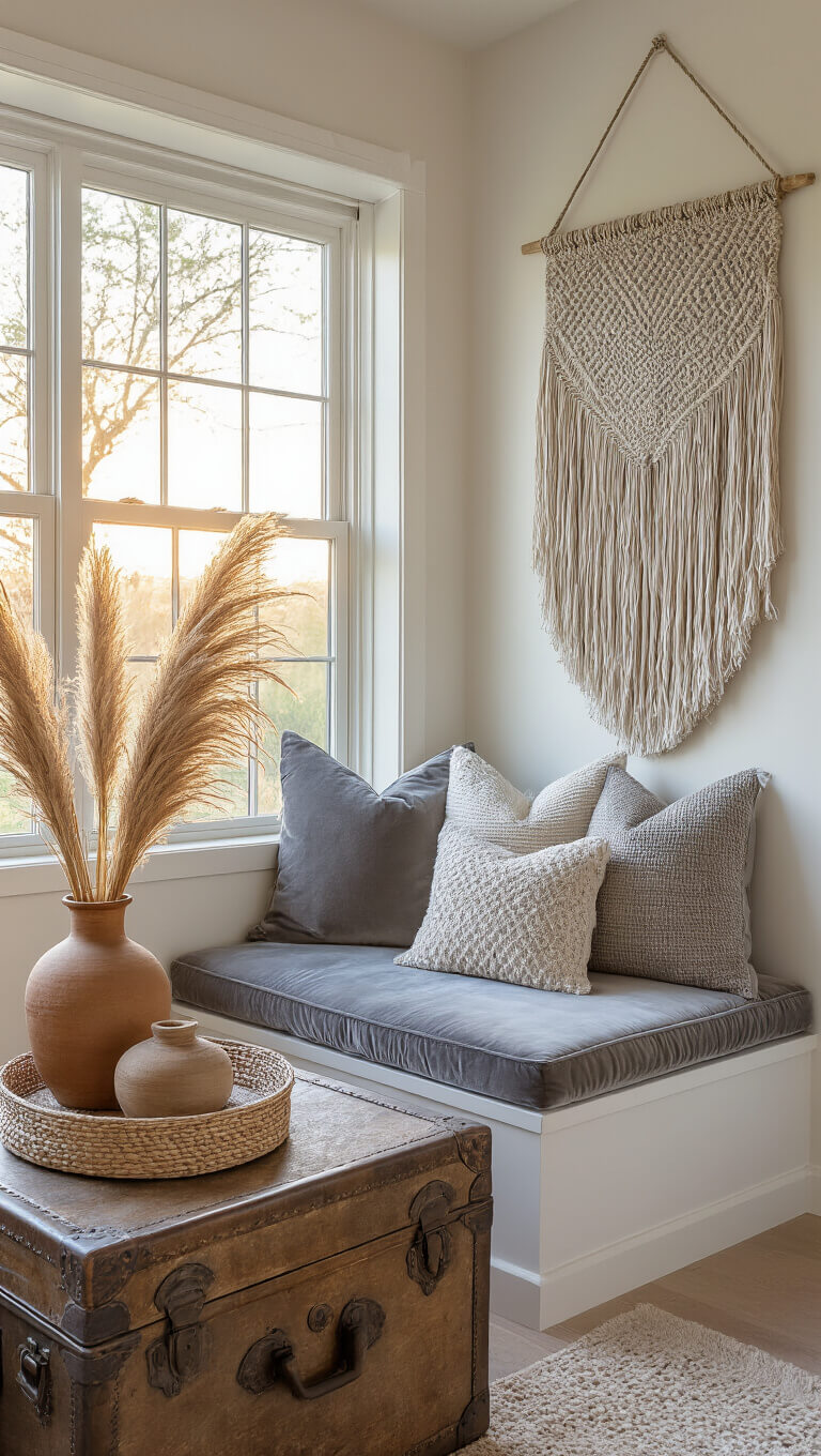 Cozy window seat with grey velvet cushions, boho pillows, and pampas grass in vase, bathed in golden hour light.