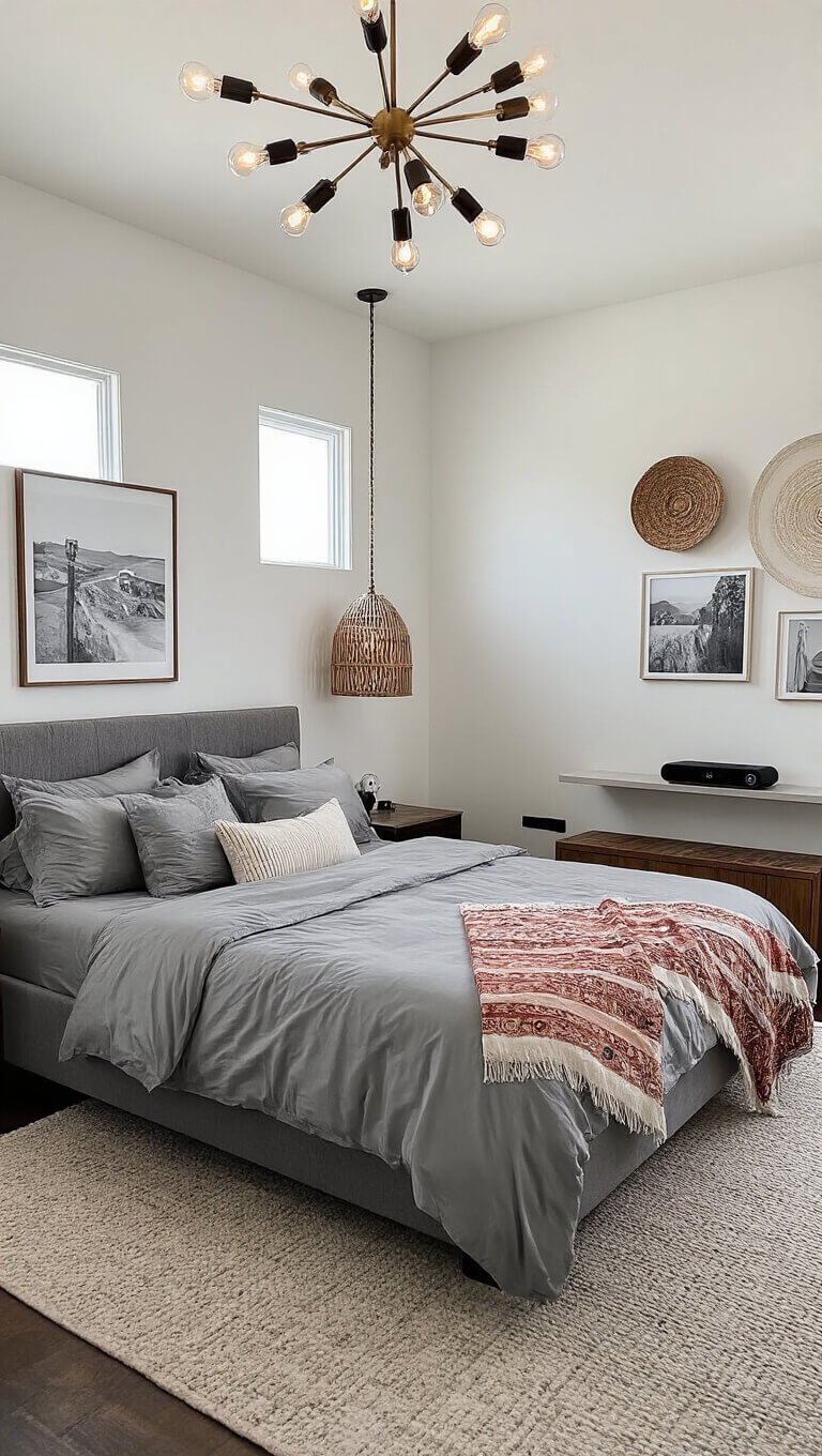 Elevated view of master bedroom with 16ft tray ceiling, sputnik chandelier, California king bed in grey silk bedding, rattan pendant lights, black and white gallery wall, Moroccan wedding blanket, and Bang & Olufsen speaker on floating shelf.