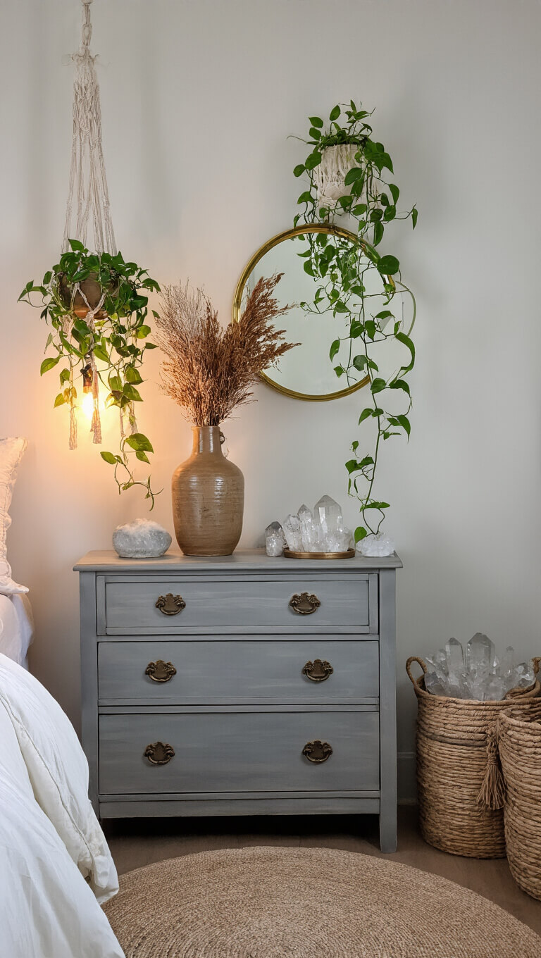 Cozy bedroom corner at dusk with vintage grey dresser, ceramic vase with dried botanicals, brass mirror, crystal cluster, macramé hanger with silver pothos, and woven baskets under warm accent lighting.