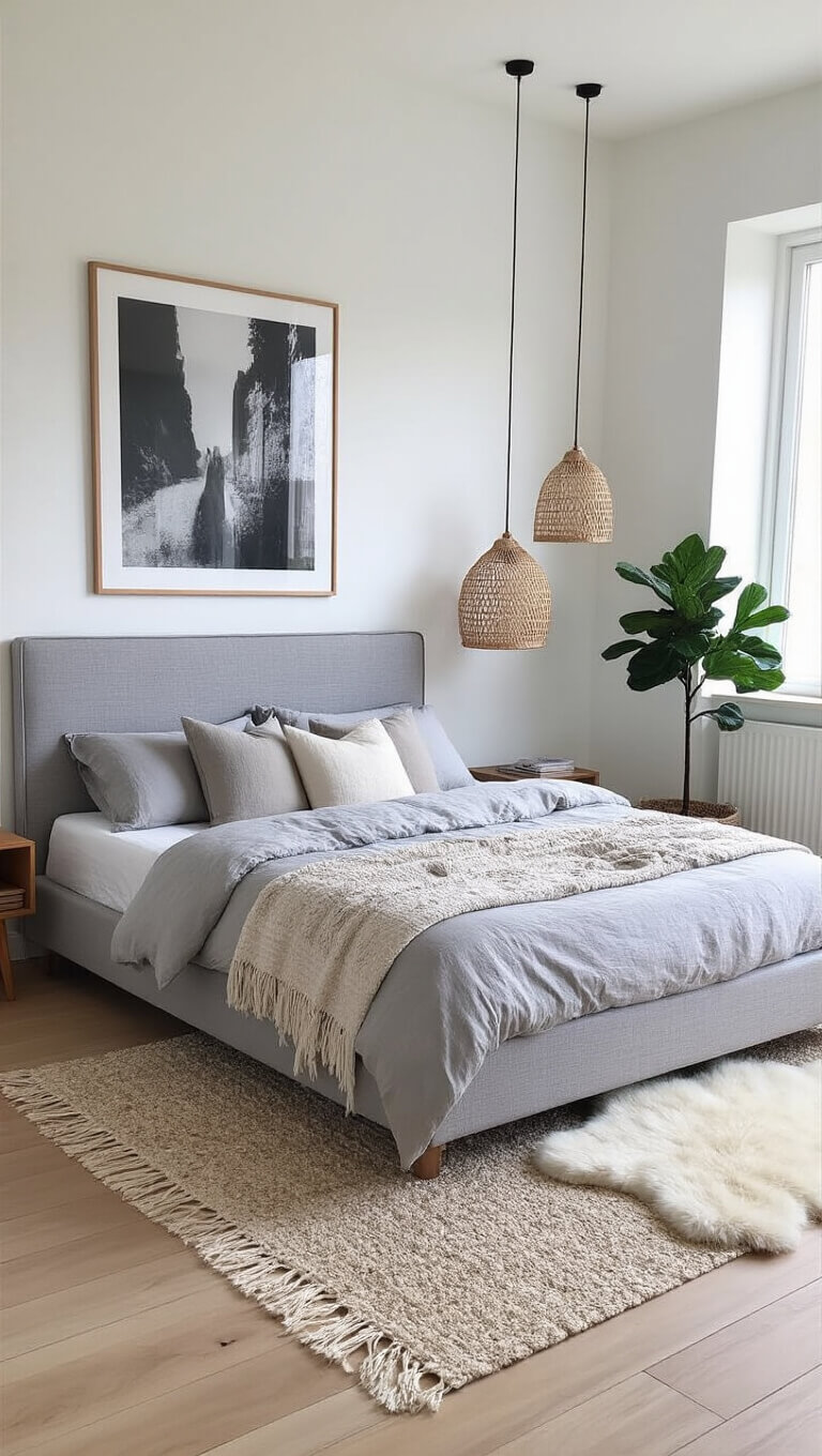 Minimalist grey boho bedroom with platform bed, rattan pendants, black and white photo, sheepskin rug, and fiddle leaf fig in natural light.