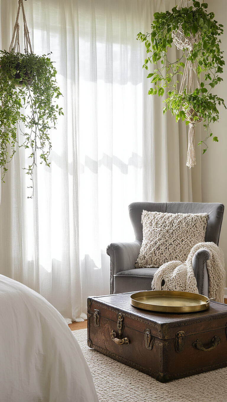 Close-up of grey velvet chair with handknit throw and macramé cushion in sunlit bedroom, vintage trunk with brass tray, and hanging plants under gauzy curtains.