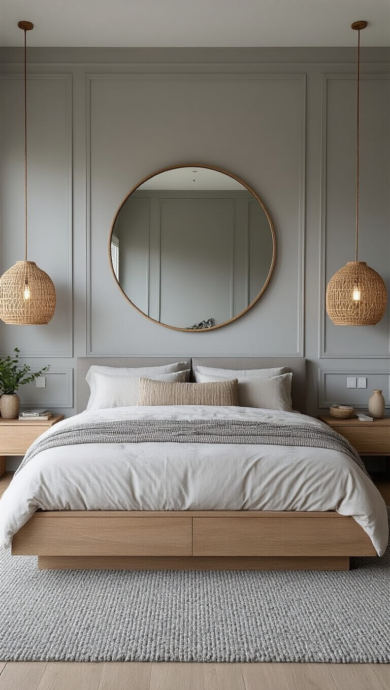 Modern boho bedroom with platform bed, grey panel walls, woven pendant lights, and large round mirror reflecting daylight.
