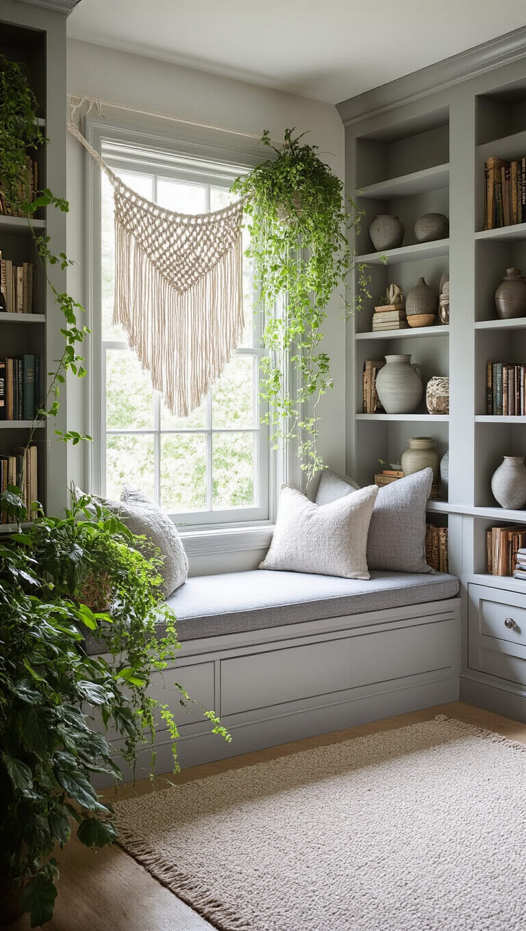 Dreamy grey window seat with vintage pottery, macramé wall hanging, and trailing plants in morning light.