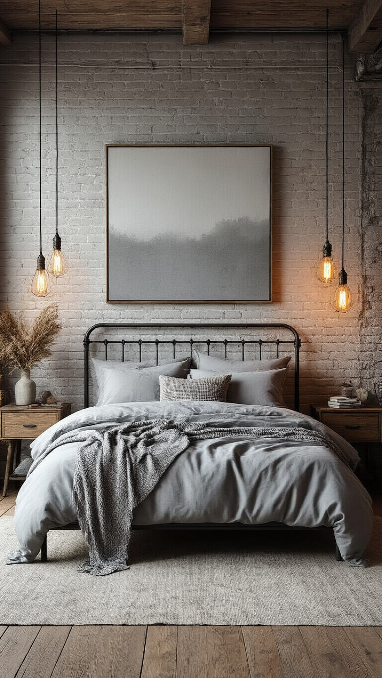 Industrial boho bedroom at sunset with grey-painted brick walls, iron bed, luxe grey linens, Edison bulb pendant lights, abstract grey artwork, and raw wood accents glowing in golden hour light.