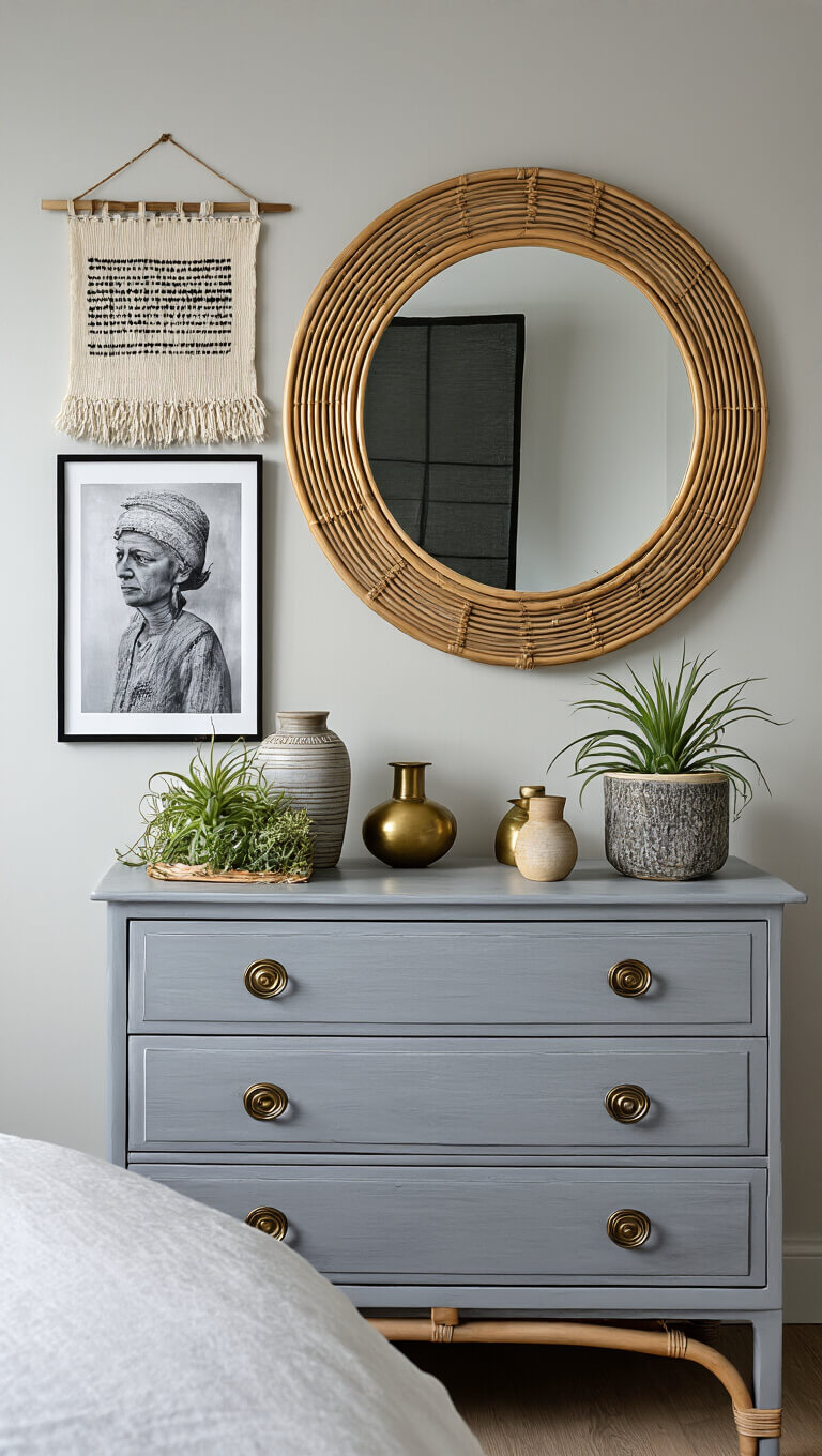 Vintage dresser with modern ceramics, brass accents, and air plants in sunlit grey bedroom; gallery wall and rattan mirror in soft focus.