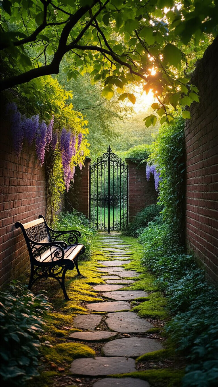 A secluded garden corner with mossy stone path leading to a wrought-iron gate, wisteria draping over weathered brick walls, and a Victorian bench partially hidden in foliage, bathed in golden hour light.