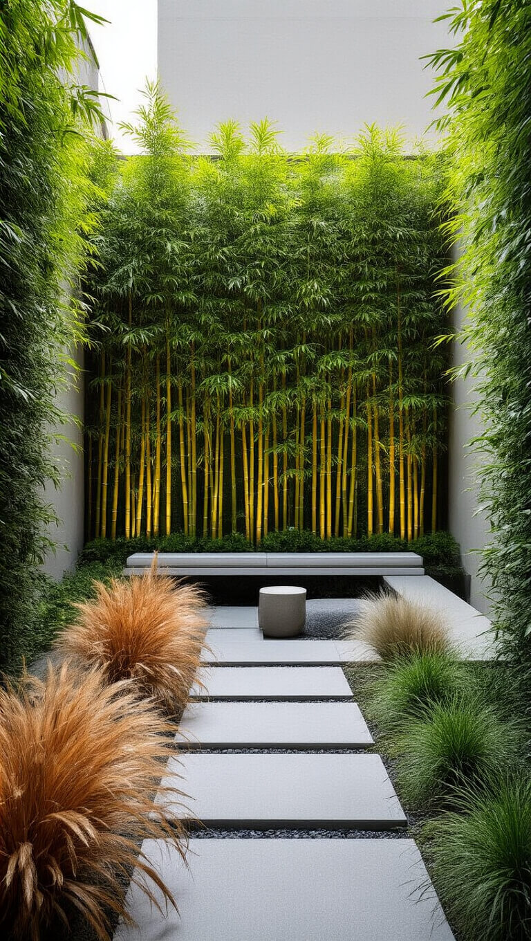15x15ft courtyard garden with emerald bamboo privacy wall, geometric concrete pavers, and ornamental grasses in copper and silver tones, captured in bright mid-morning light.