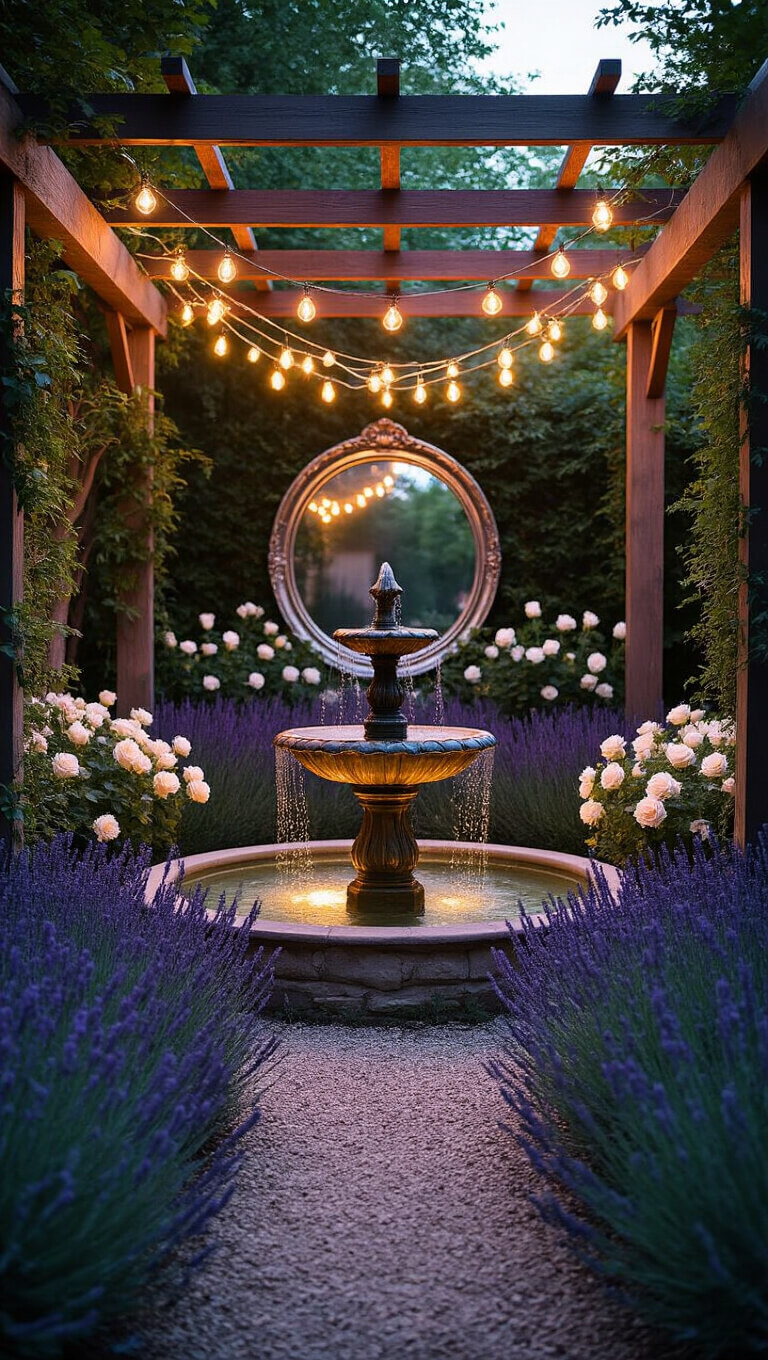 Twilight view of an enchanted garden nook with warm solar lights strung above a vintage fountain, surrounded by lavender, white roses, and antique mirrors creating a dreamy, magical atmosphere.
