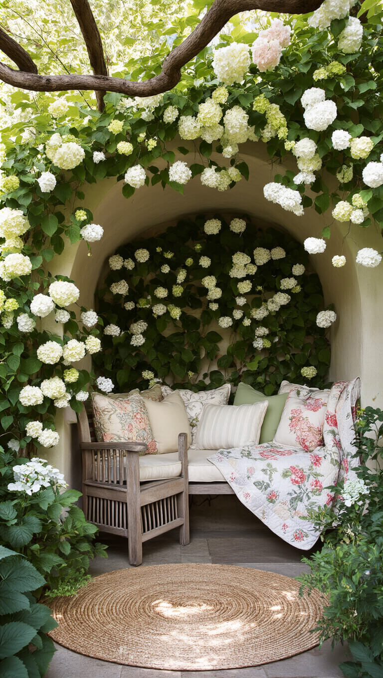 Cozy garden reading nook with teak armchair, floral quilts, and vines under natural canopy in afternoon light.