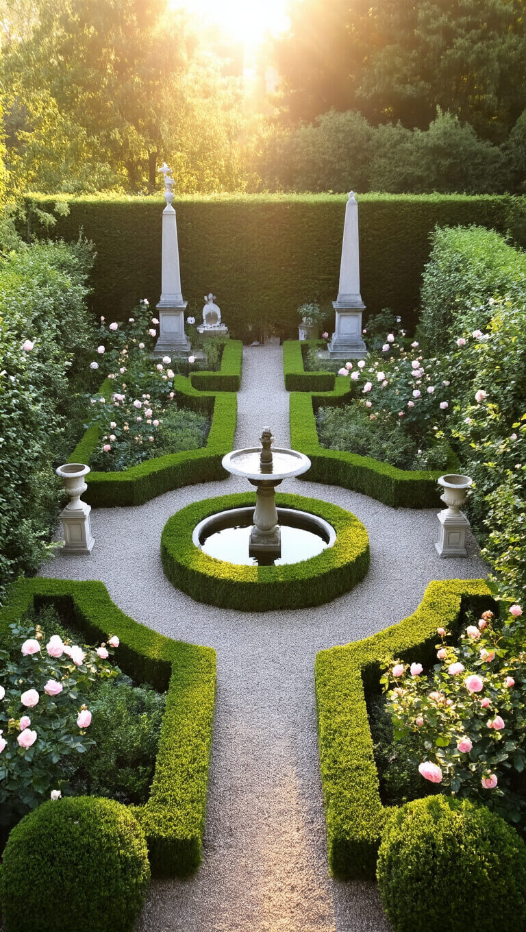 Bird's eye view of a formal 30x30ft secret garden with symmetrical boxwood parterre, central stone birdbath, gravel paths, climbing heritage roses on obelisks, and garden antiques in warm afternoon sunlight.