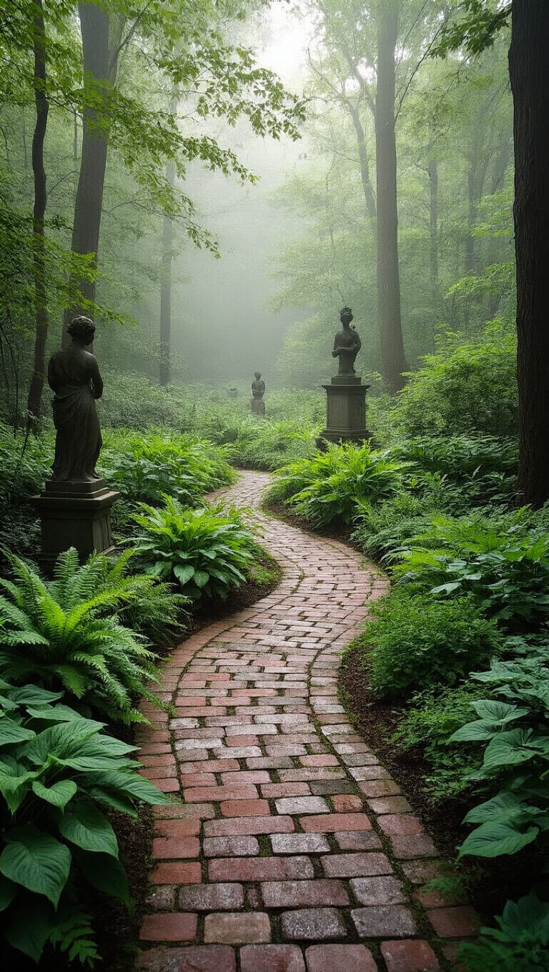 Misty morning view of a 20x25ft woodland garden with a reclaimed brick path, lush ferns and hostas, heirloom sculptures partially hidden in foliage, and dewy cobwebs glowing in soft, diffused light.
