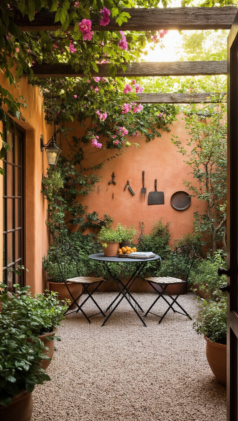 Mediterranean garden room at sunset with terracotta walls, flowering vines, vintage tools, bistro set on gravel patio, and potted citrus and herbs.