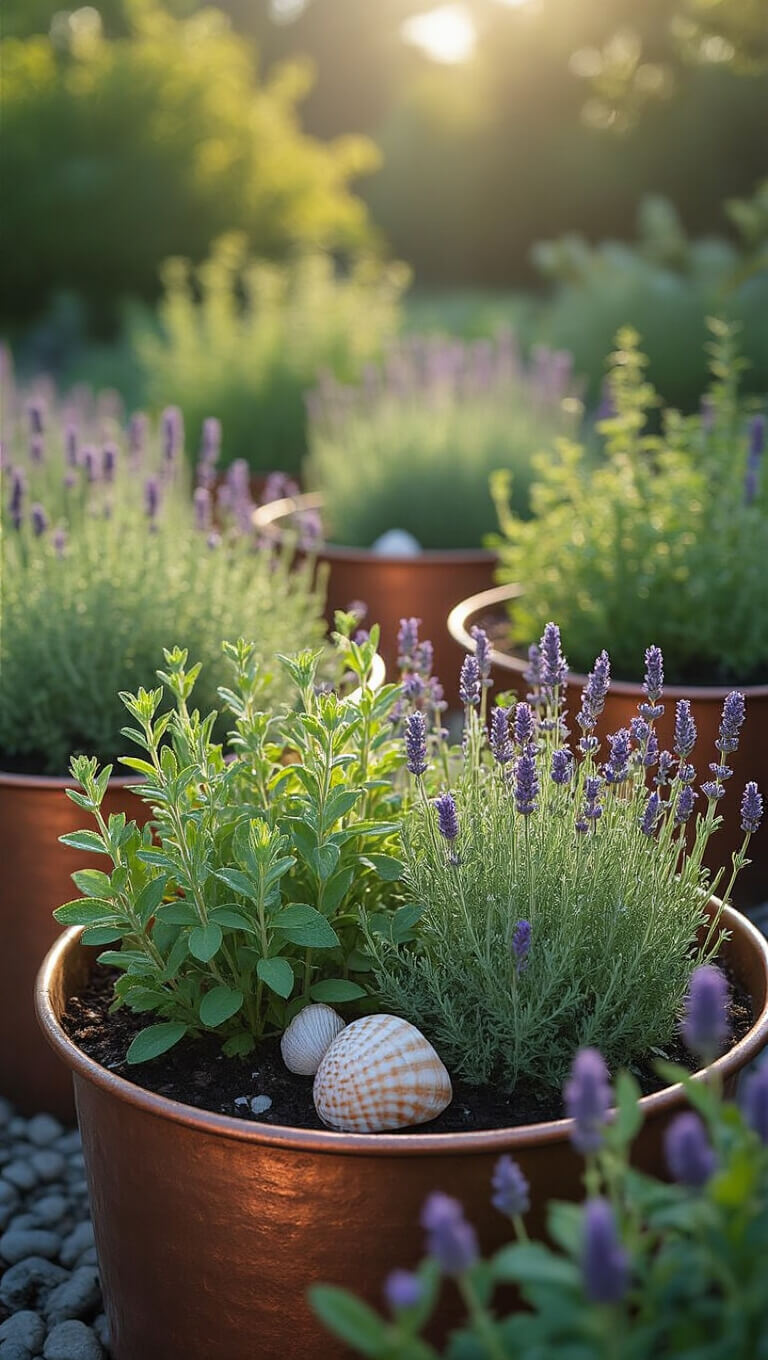 Macro view of dew-covered sage, thyme, and lavender in copper planters with pottery markers and shells in early morning light.