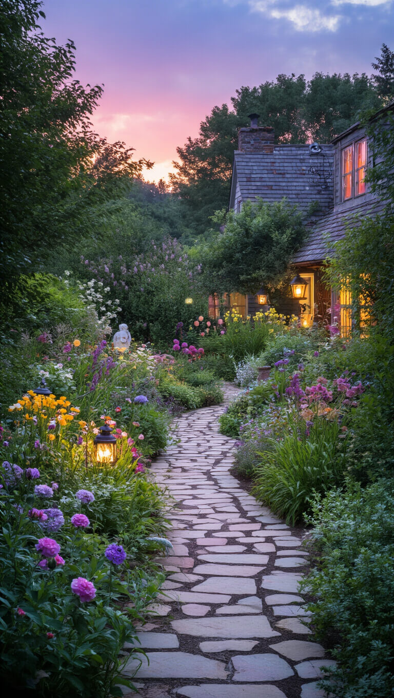 Twilight view of a cottage garden with winding flagstone path, blooming perennials, vintage lanterns glowing softly, and garden art among pastel and deep evening hues.