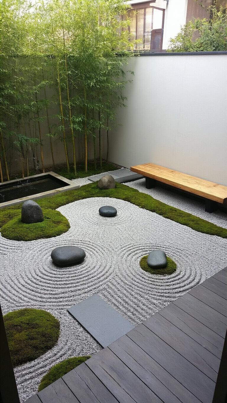 High-angle view of a small zen garden with raked gravel, stones, moss patches, bamboo water feature, and wooden bench in a serene, minimalist setting.