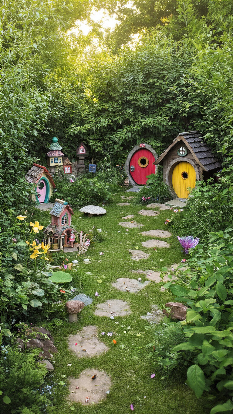 Whimsical children's secret garden with fairy doors, miniature villages, butterfly spots, and lush greenery in soft late afternoon light.
