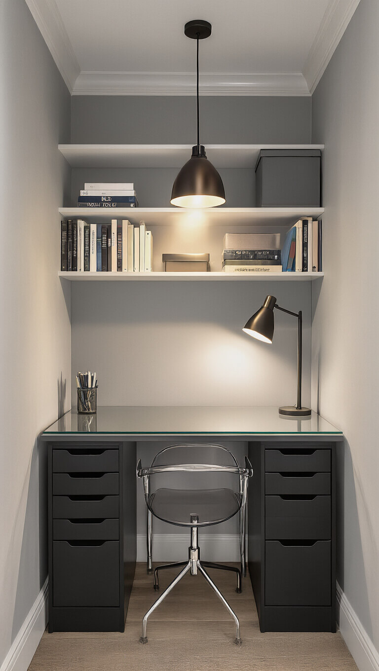 Contemporary closet-to-office conversion with glass desk, black storage, built-in shelving, and pendant lighting in warm afternoon light.