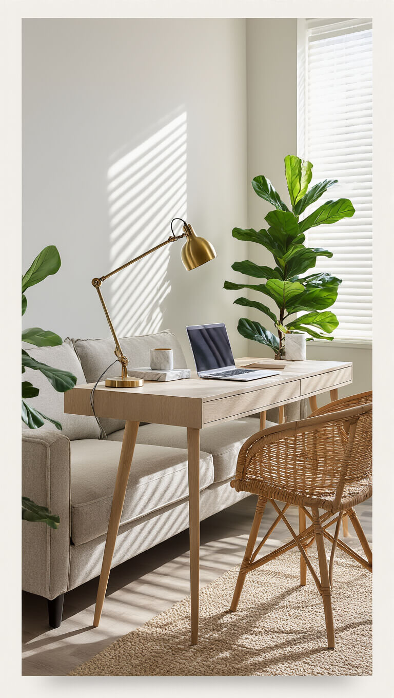 Behind-sofa workspace with slim bleached oak desk, rattan chair, brass lamp, and laptop, framed by sunlight and fiddle leaf fig shadows in open-plan living area.