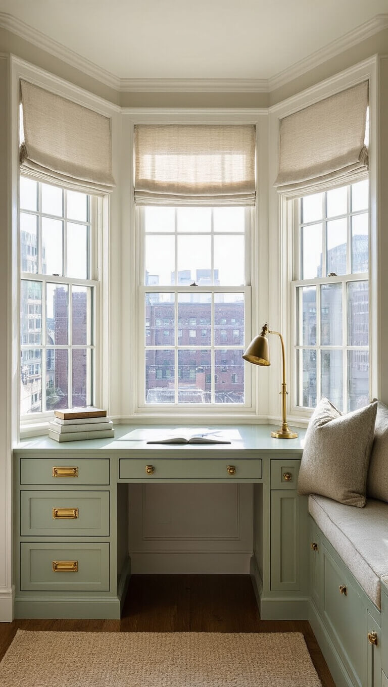 Window alcove office with bay window, built-in seating, sage green secretary desk, brass accents, and filtered morning light.