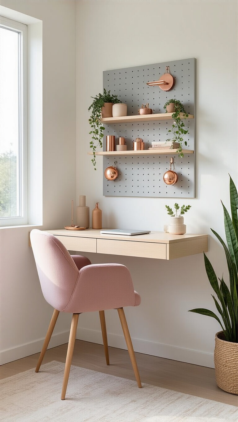 Minimalist bedroom corner office with floating pale ash desk, blush pink chair, gray pegboard displaying copper accents and plants, styled in warm golden hour light.