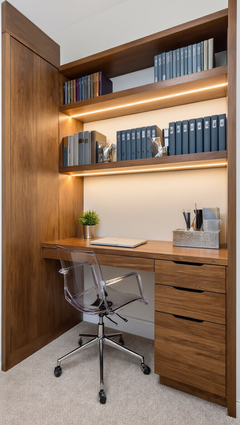 Closet office with warm walnut floating desk, built-in shelves, color-coded books, lucite chair, and LED lighting, viewed head-on.