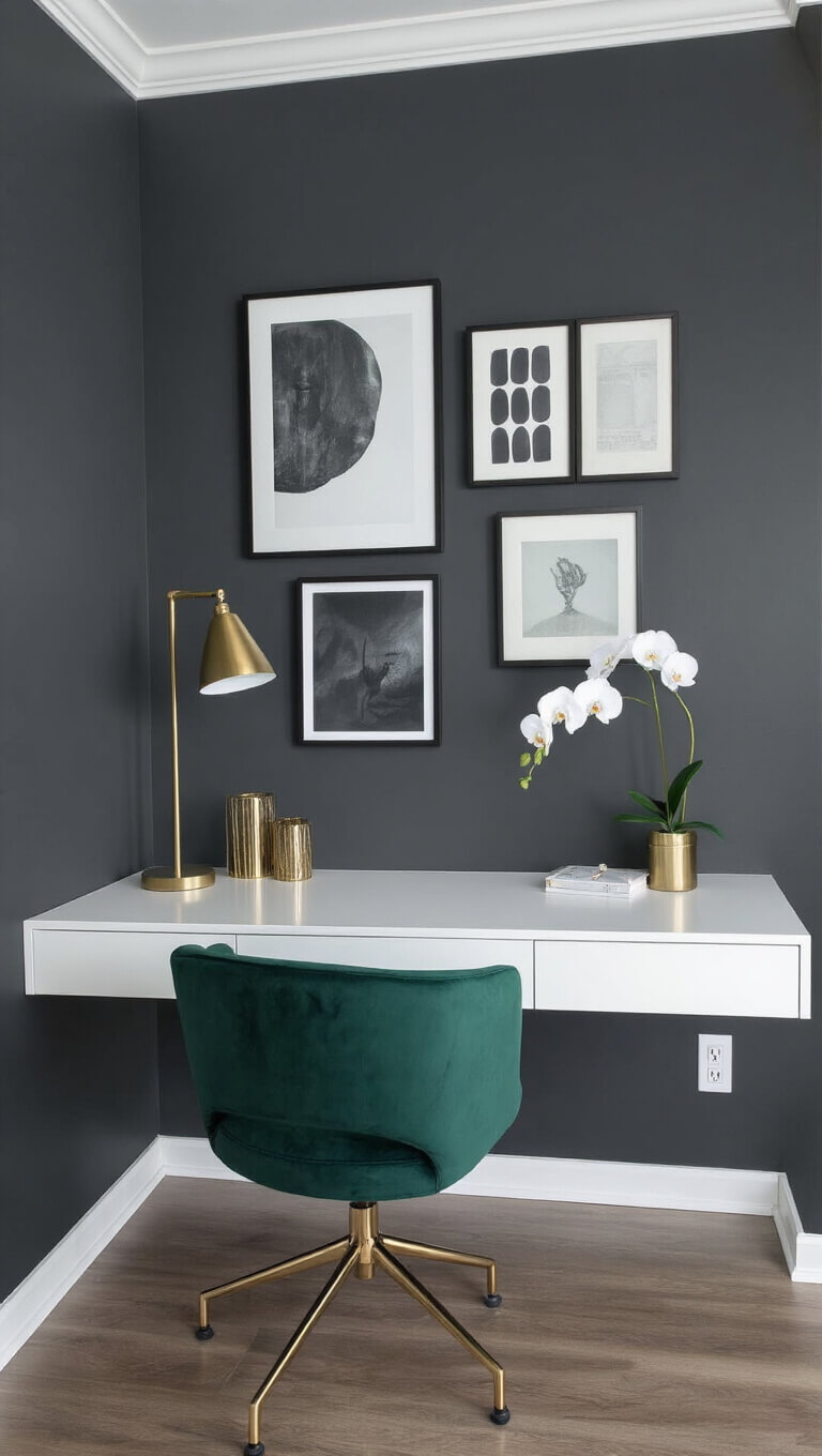 Modern alcove workspace with charcoal accent wall, white floating desk, green velvet chair, and brass accessories, captured during blue hour with professional lighting.