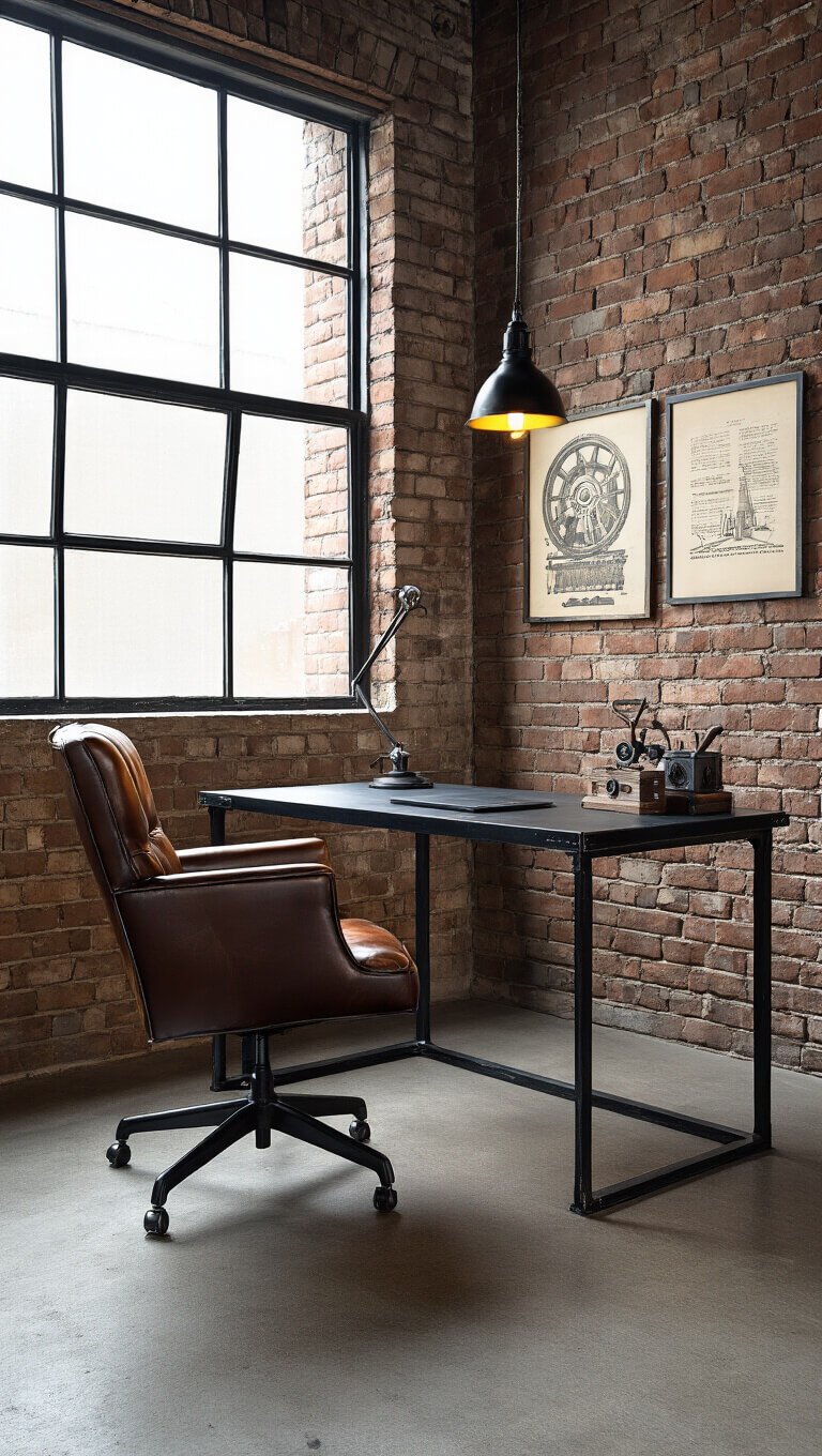 Industrial-modern office with black metal desk, exposed brick wall, factory windows, vintage leather chair, and dramatic afternoon side lighting.