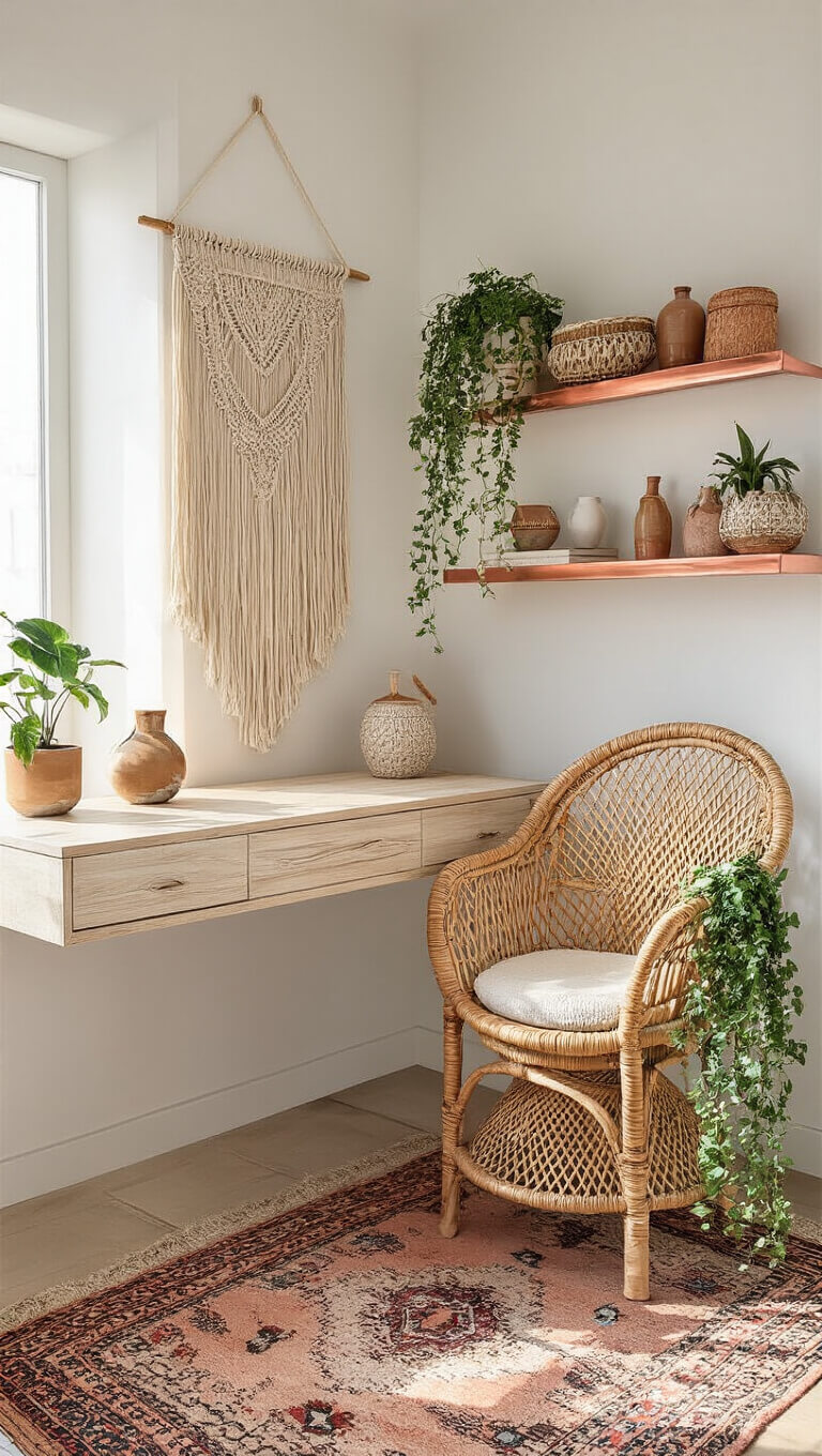 Bohemian corner office with rattan peacock chair, floating bleached wood desk, macramé wall hanging, copper shelves, ceramic decor, trailing plants, and Moroccan rug in warm morning light.