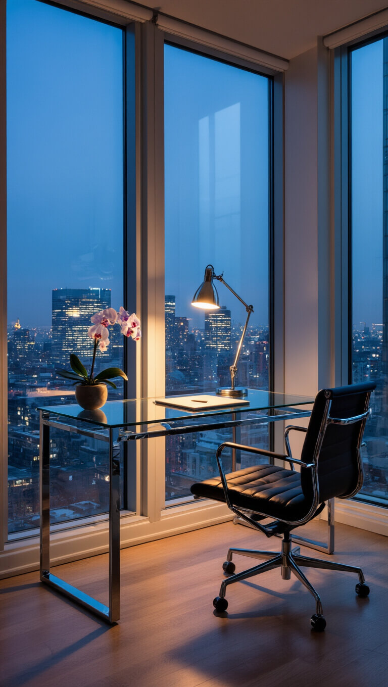 Contemporary bedroom workspace at dusk with glass desk, chrome chair, orchid, and city lights through floor-to-ceiling windows.