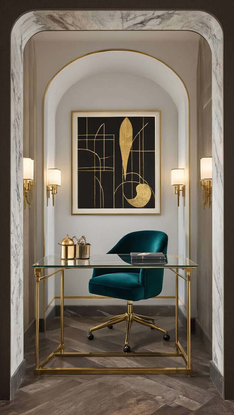 Art Deco alcove office with brass-framed desk, teal velvet chair, symmetrical sconces, and vintage decor.